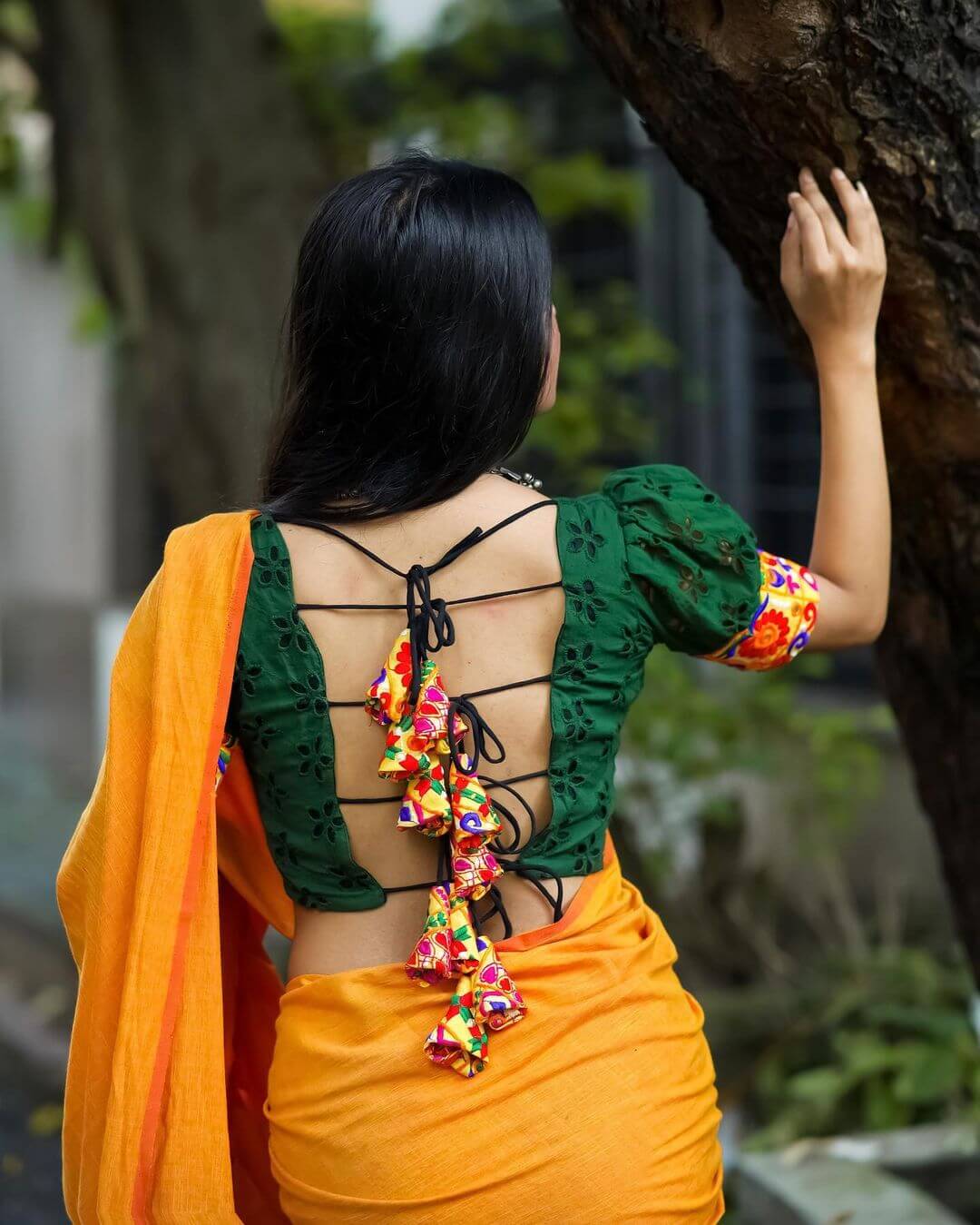Green Chikankari Backless Blouse Design Latest Saree Blouse Back Designs
