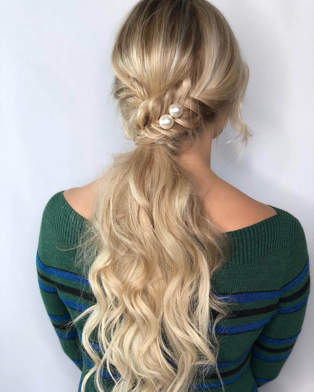 Braided Low Ponytail with Pearls Low Ponytail Hairstyle Ideas