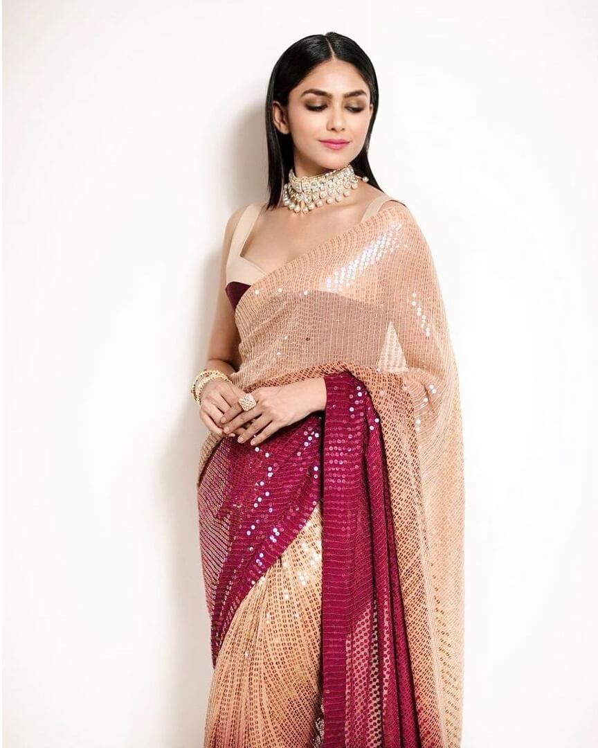 Mrunal Thakur's Traditional Outfit Ideas for Bridesmaids this Wedding Season Marron and Gold Sequined Saree