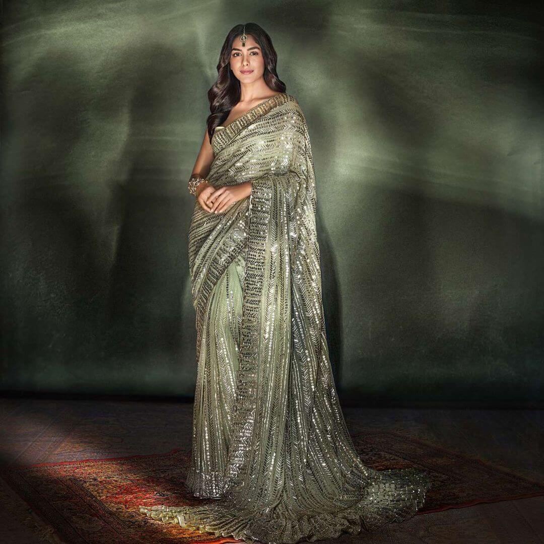 Mrunal Thakur's Traditional Outfit Ideas for Bridesmaids this Wedding Season Green Shimmery Sequin Saree