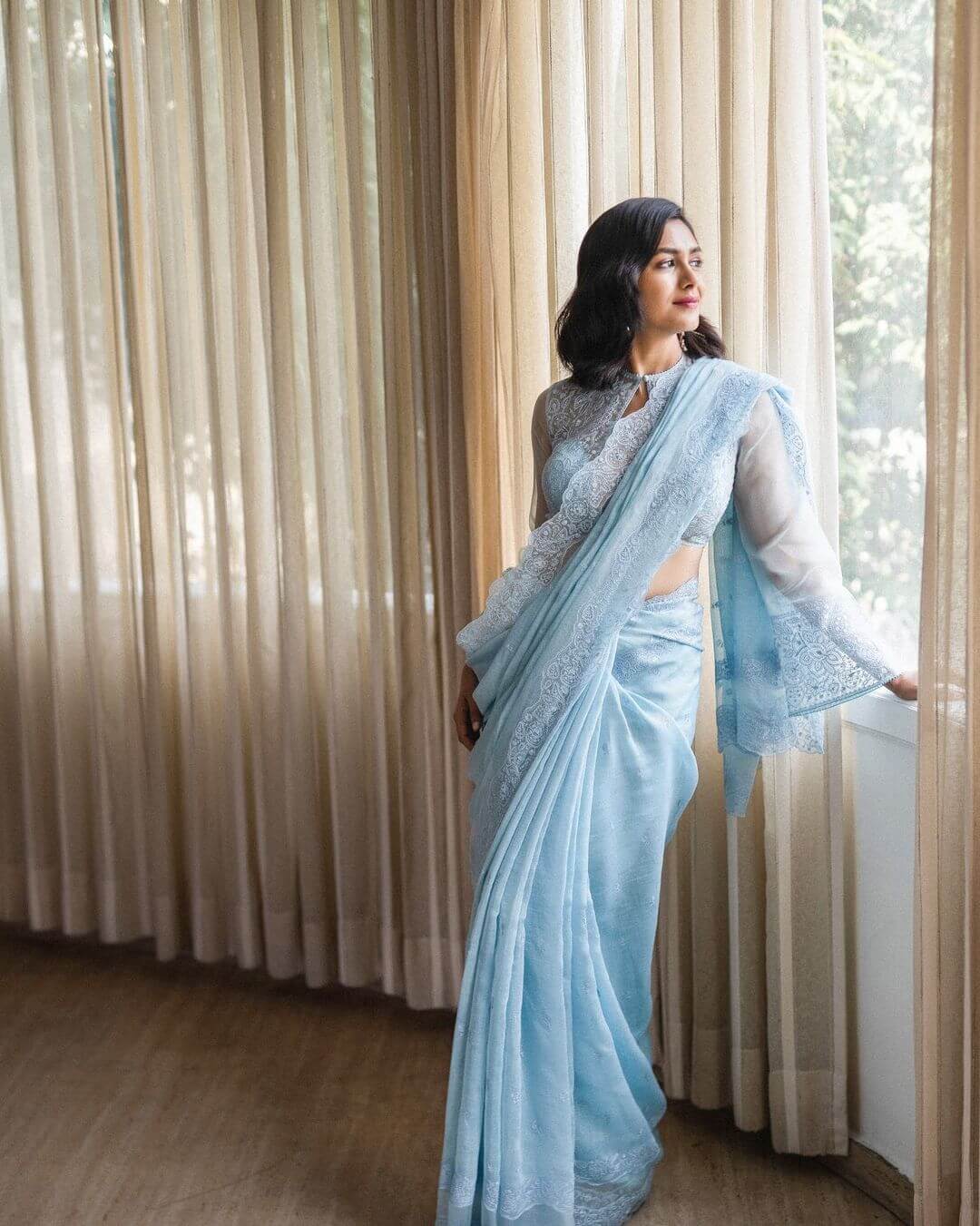 Mrunal Thakur's Traditional Outfit Ideas for Bridesmaids this Wedding Season Pastel Blue Organza Saree