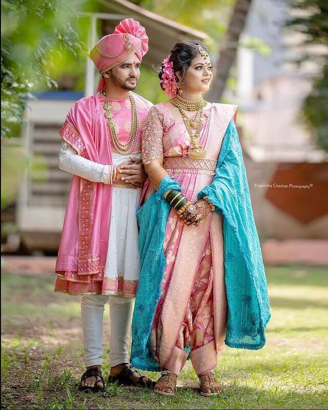 Nauvari Marathi Wedding Dress for Couple Pink Theme Nauvari Wedding Dress