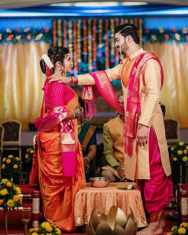 Purple and Orange Nauvari Wedding Dress