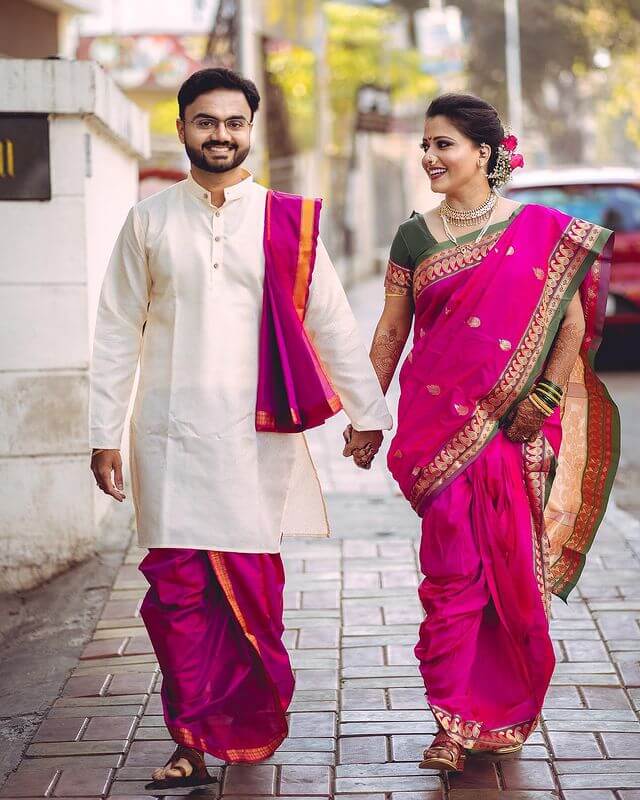 Purple and White Nauvari Wedding Dress