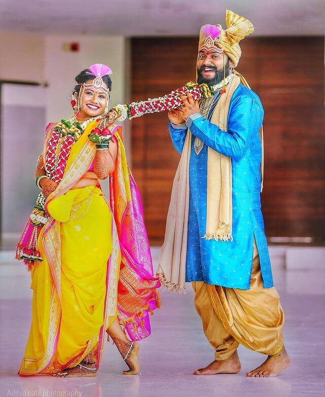 Bright Colours for Nauvari Wedding Dress for the Couple