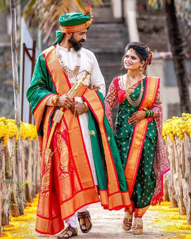 Nauvari Marathi Wedding Dress for Couple Green and White Nauvari Wedding Dress