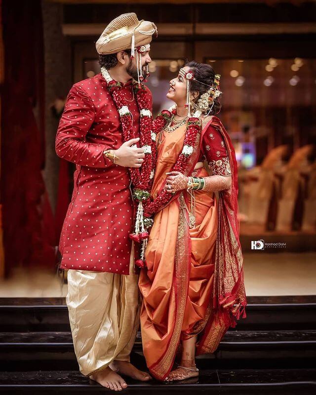 Nauvari Marathi Wedding Dress for Couple Orange and Red Nauvari Wedding Dress