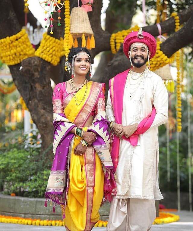 Nauvari Marathi Wedding Dress for Couple White, Pink and Yellow Nauvari Wedding Dress