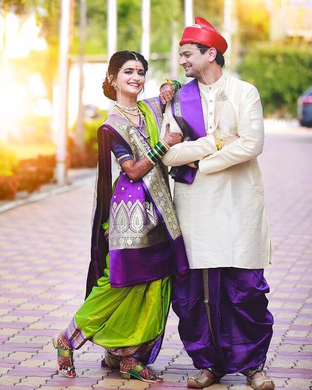 Nauvari Marathi Wedding Dress for Couple Violet, Green and Off-White Nauvari Wedding Dress