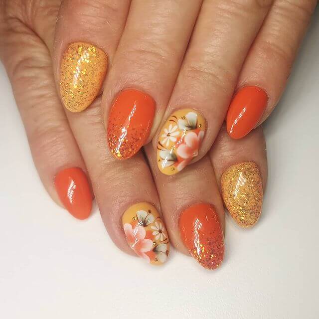 Glittery Floral Orange Nail Art