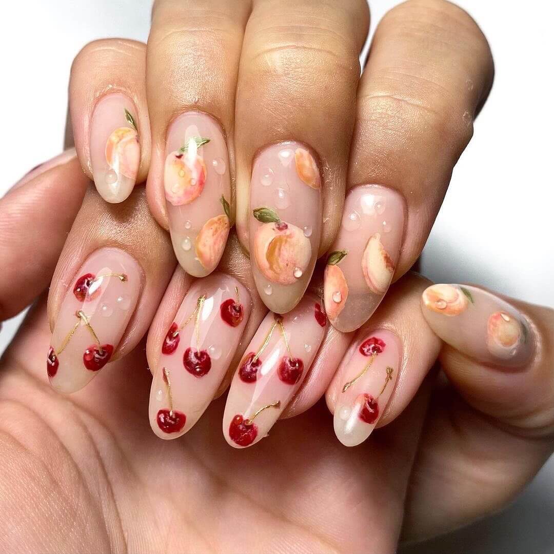 Peach and Cherry Nail Art Design