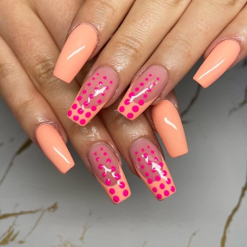 Peach Nail Art Design with Pink Dots