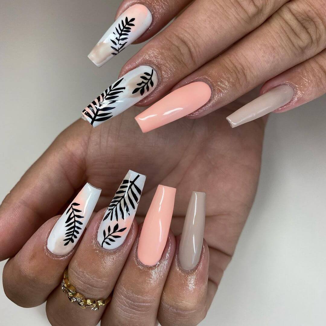 Peach and Silver Nail Art with Leaf Patterns