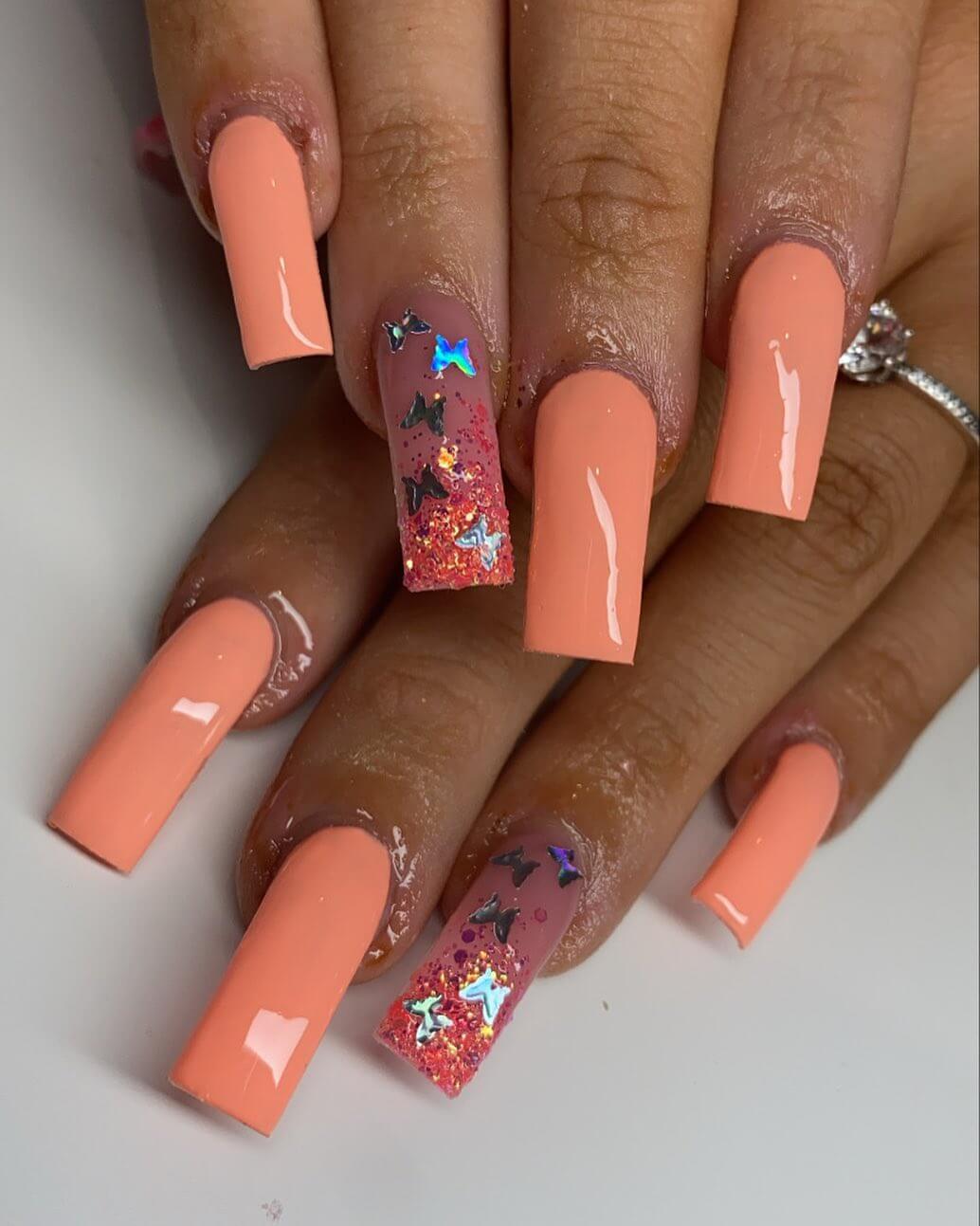 Sparkly Peach Nail Art Design with Butterflies