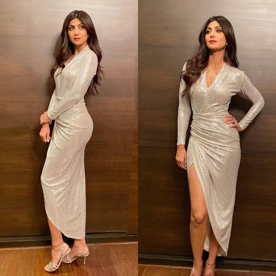 Shilpa Shetty Kundra Slaying in Shiny Metallic Outfits Subtle queen in a white metallic outfit