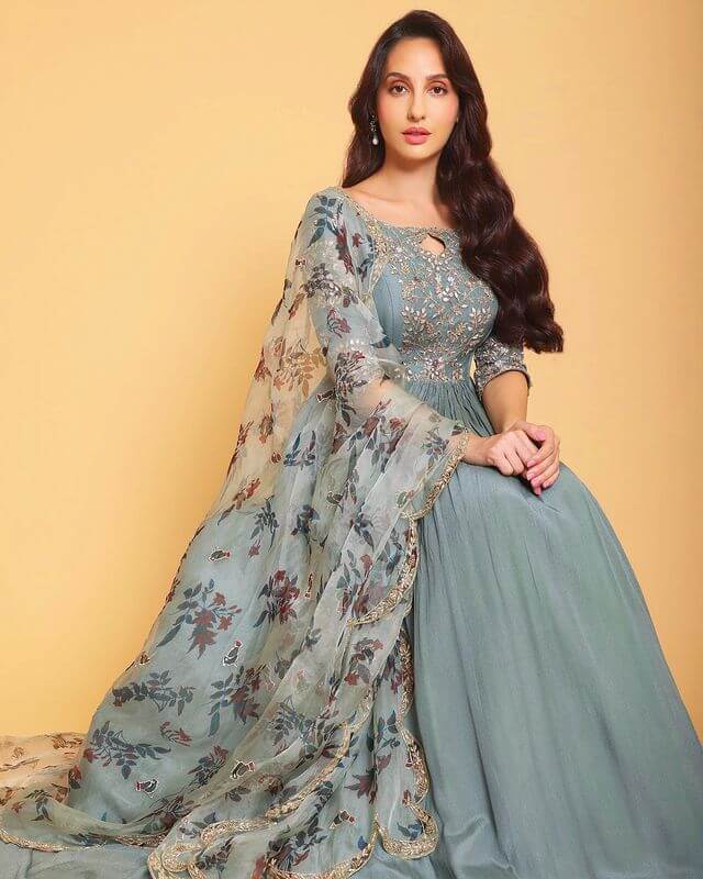 Grey Anarkali in Floral Embroidery