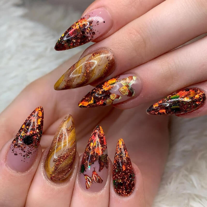 Dark Brown and Red Nail Art with Holographic Art