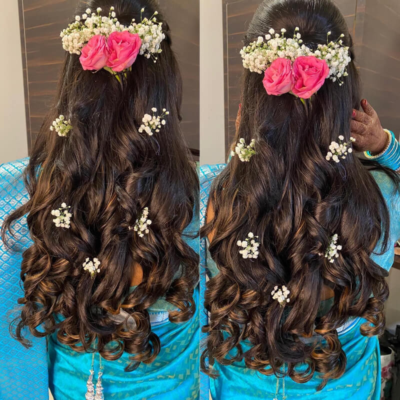 Pelli poola Jada - Flowers in open hair are the best way to add a touch of  glam to your Engagement | Reception Hairstyle! Makeover  makeoverbydeepikasanthosh Beautiful #Flowers made by Sindhu  #PellipoolajadaMalleshwaram