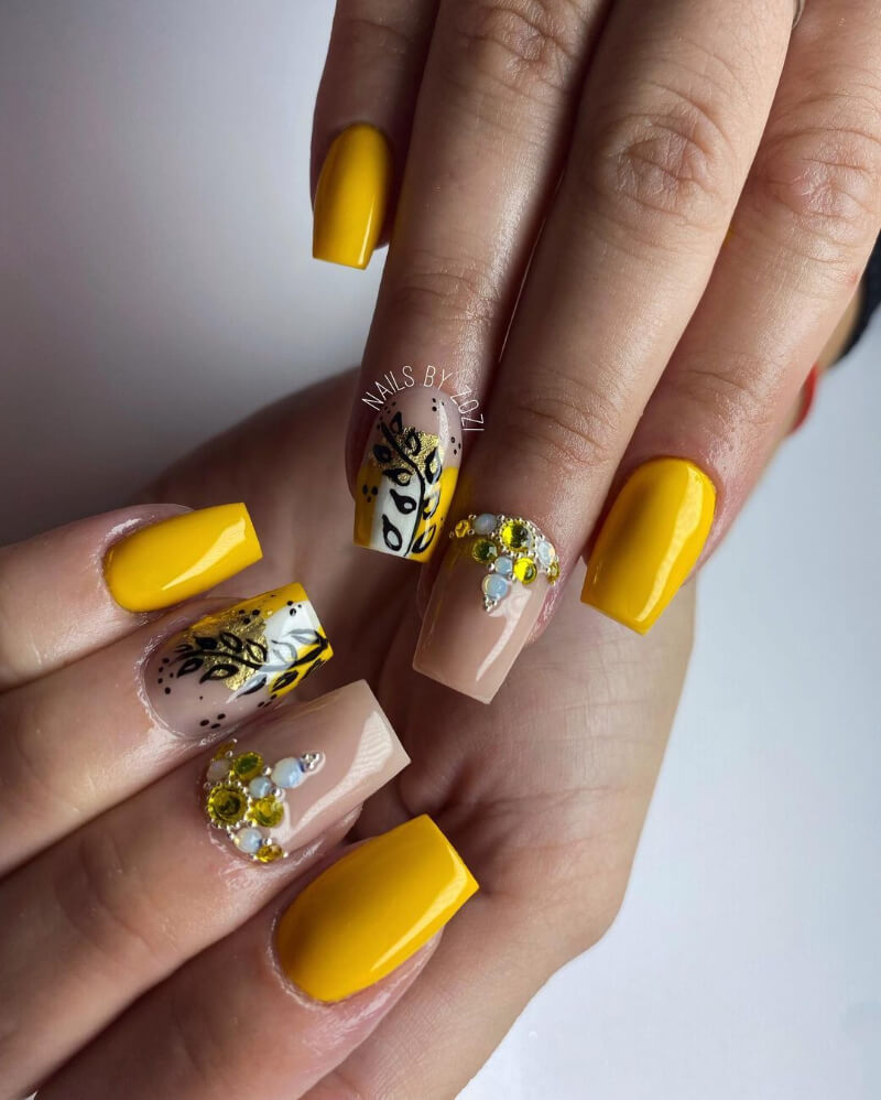 Yellow Acrylic Nails with Stones