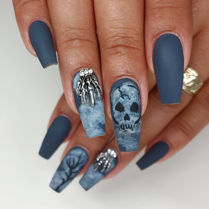 Gray Skull Nail Art with Skeleton Hands