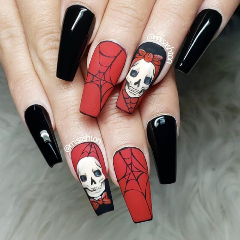 Black and Red Skull Nail Art Design with Cobwebs