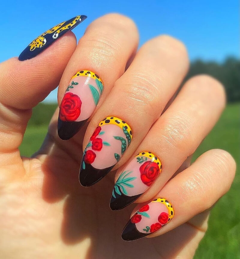 Leopard Print Nail Art Design with Red Roses