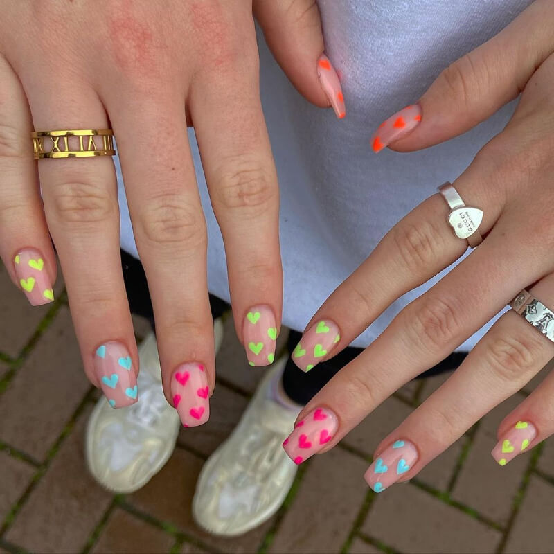 Neon Nail Art Design with Hearts