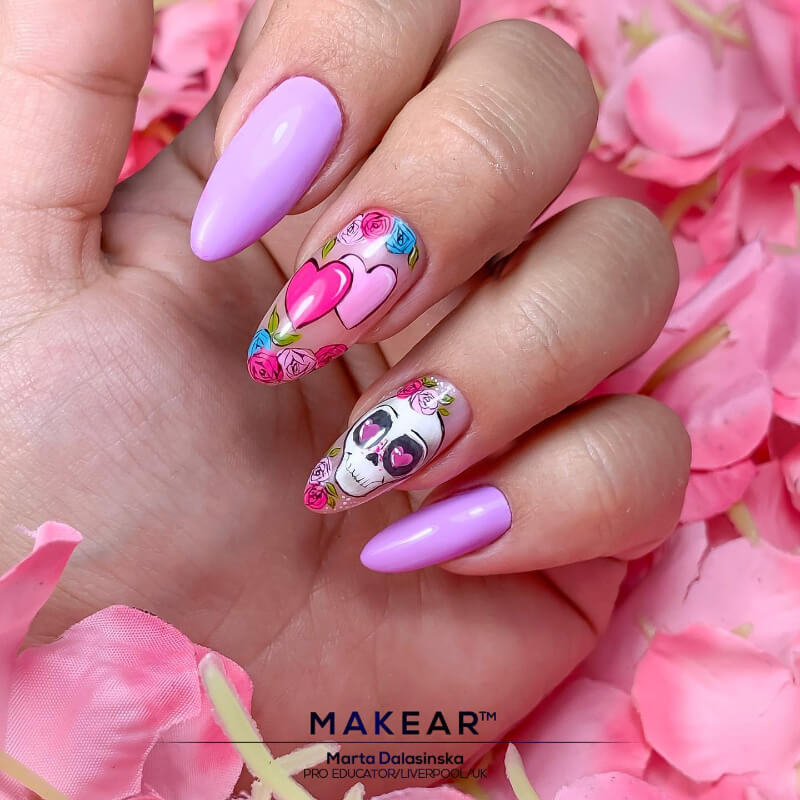 Pink and Purple Skull Nail Art Design