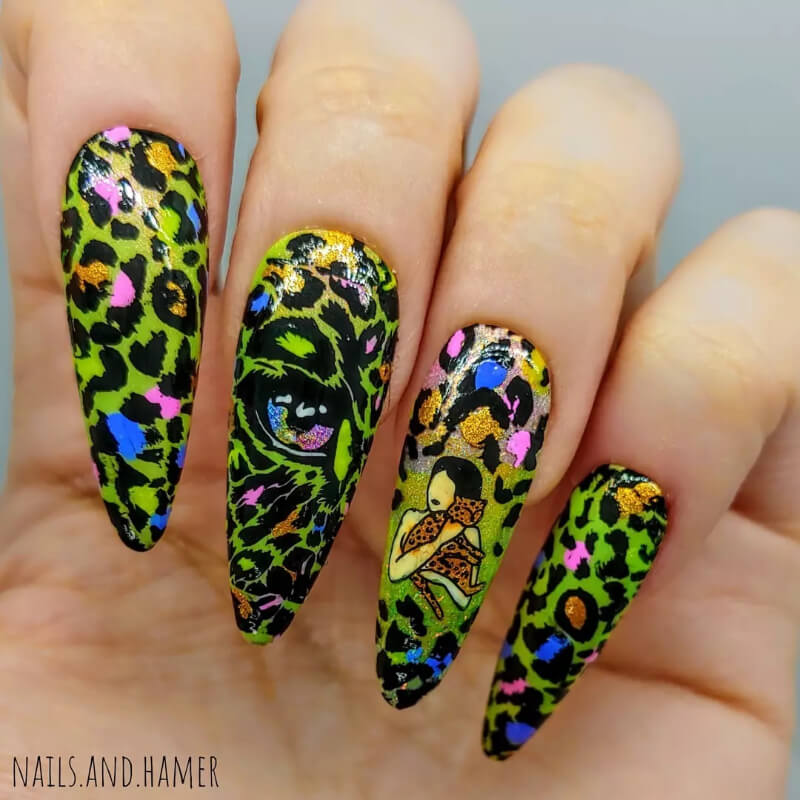 Vibrant Jungle-themed Leopard Print Nail Art Design