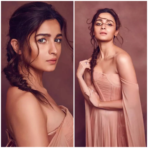 Messi low Braid Ponytail with the strapless pink gown, Brahmastr movie actor Alia Batt