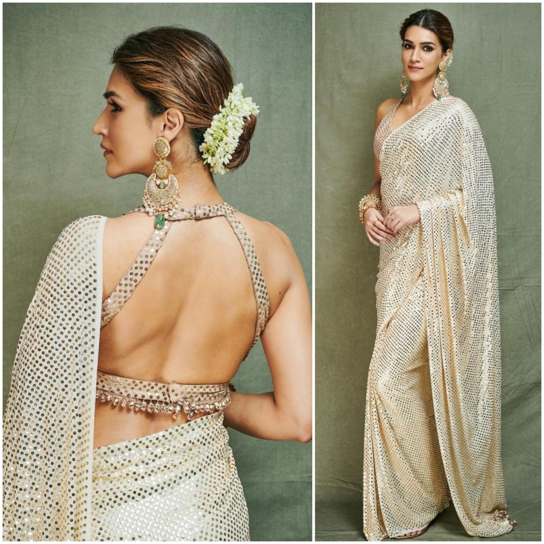 We Are In Love With This Stunning Beige Silver Saree With The Gorgeous Blouse Adorned By Kriti Sanon