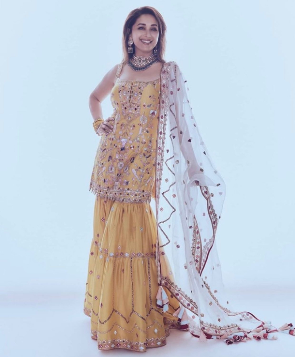 Malady Dixit The Stunningly Embellished Yellow Gharara Ensemble That Nene Was Wearing Included A Strapless Kurti