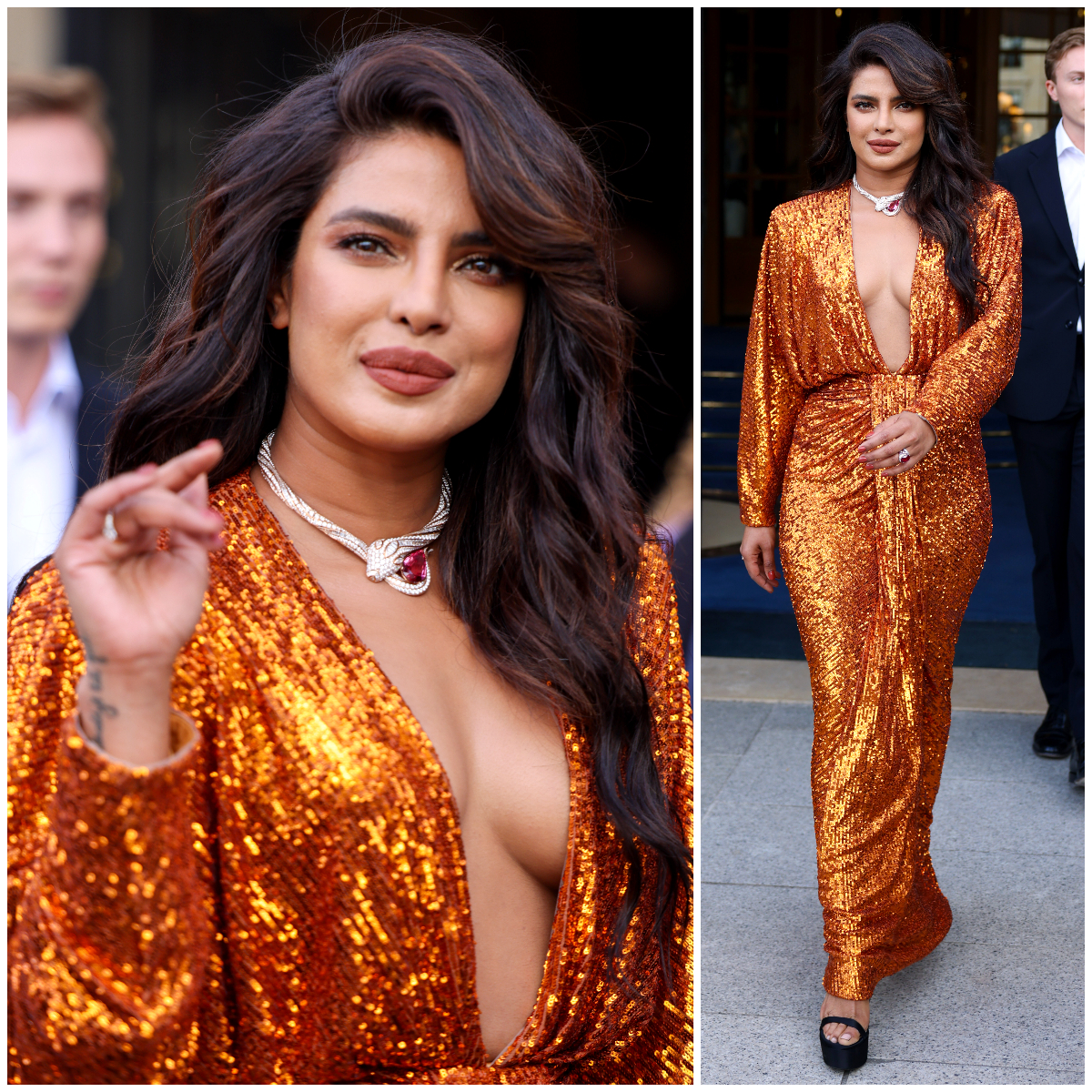 Priyanka looks bold in an orange sequined dress by Rosario