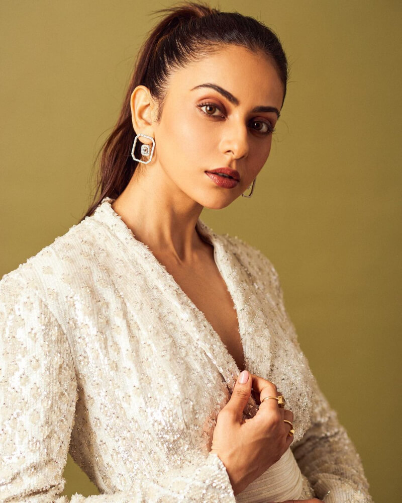 Elevate Your Look By Rakul Preet's Statement Earrings Collection Rakul Preet's  Square Silver drop Earrings with mini crystals inside