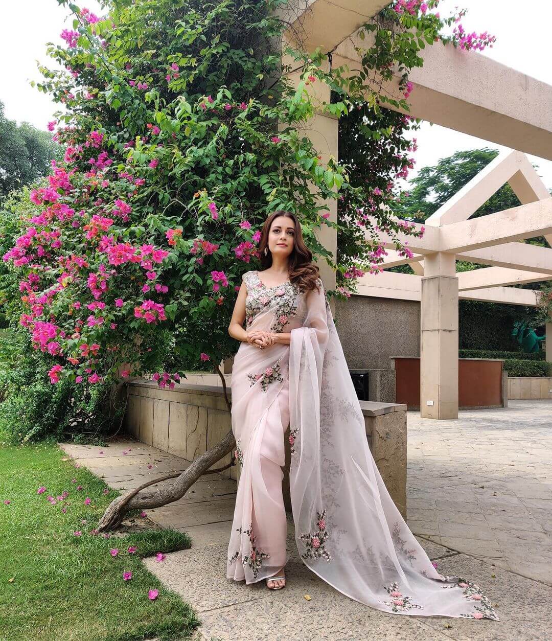 Dia Mirza Wore blush pink Floral Saree Designed By Anamika Khanna