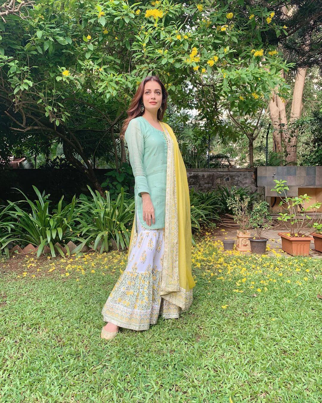 Dia Mirza in pastel green, yellow and white floral print Sharara set  By Ridhiiee Surii, perfect for summer weddings