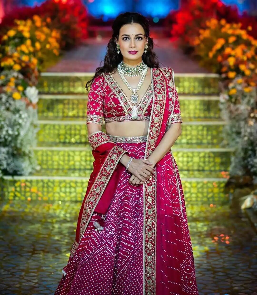 Dia Mirza Looks Bold, Elegant, And Graceful In The Vibrant Red Color Lehenga Set