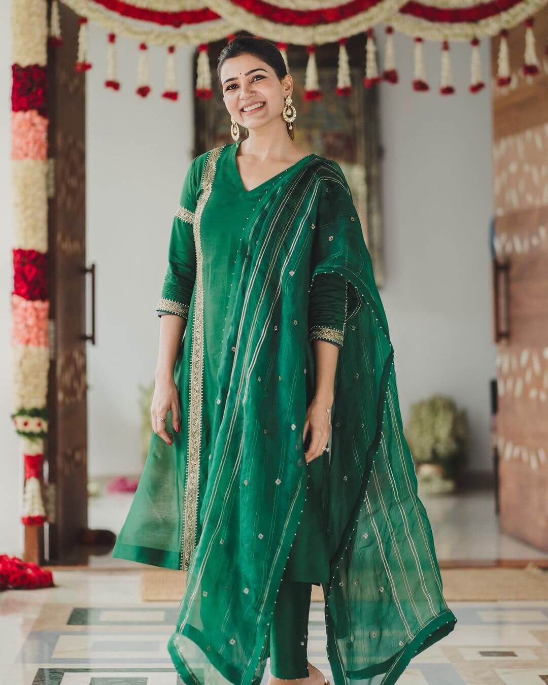 For Rana Daggubati and Miheeka Bajaj's wedding in Hyderabad Samantha wore green suit with organza dupatta