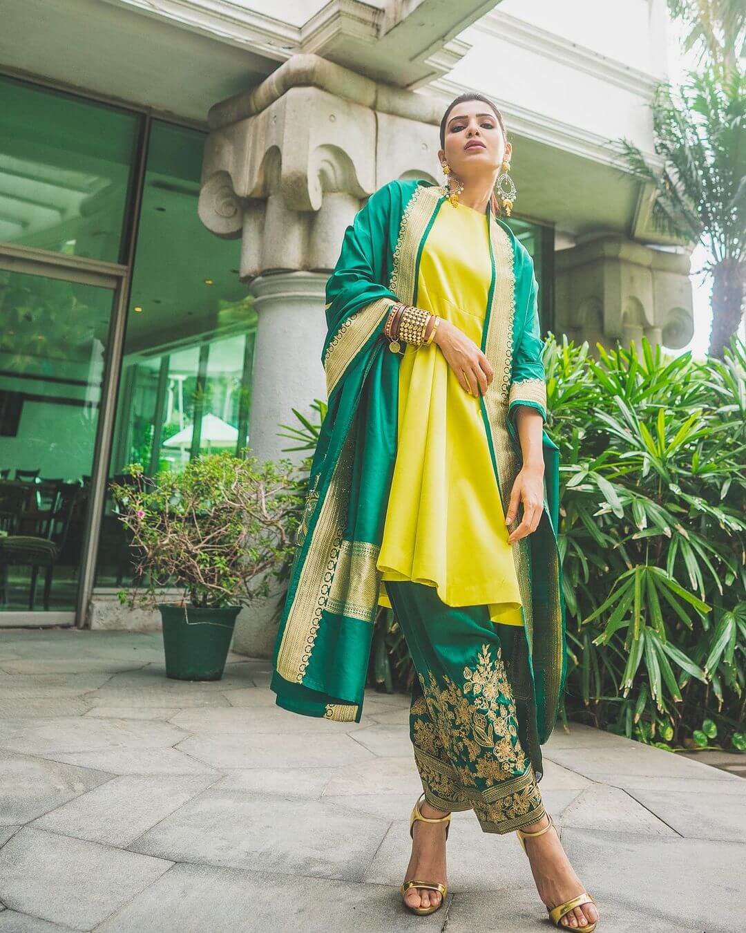 For an event in Chennai, Samantha wore a bright yellow silk kurta, with a silk satin salwar