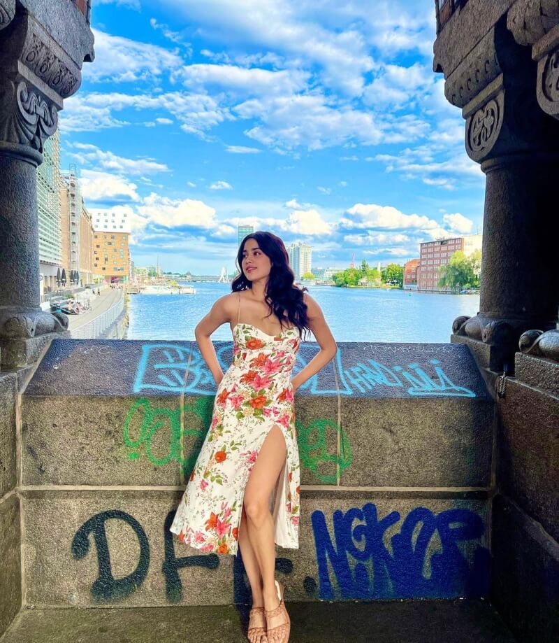Janhvi Kapoor vacation to Berlin in a floral thigh-high slit dress