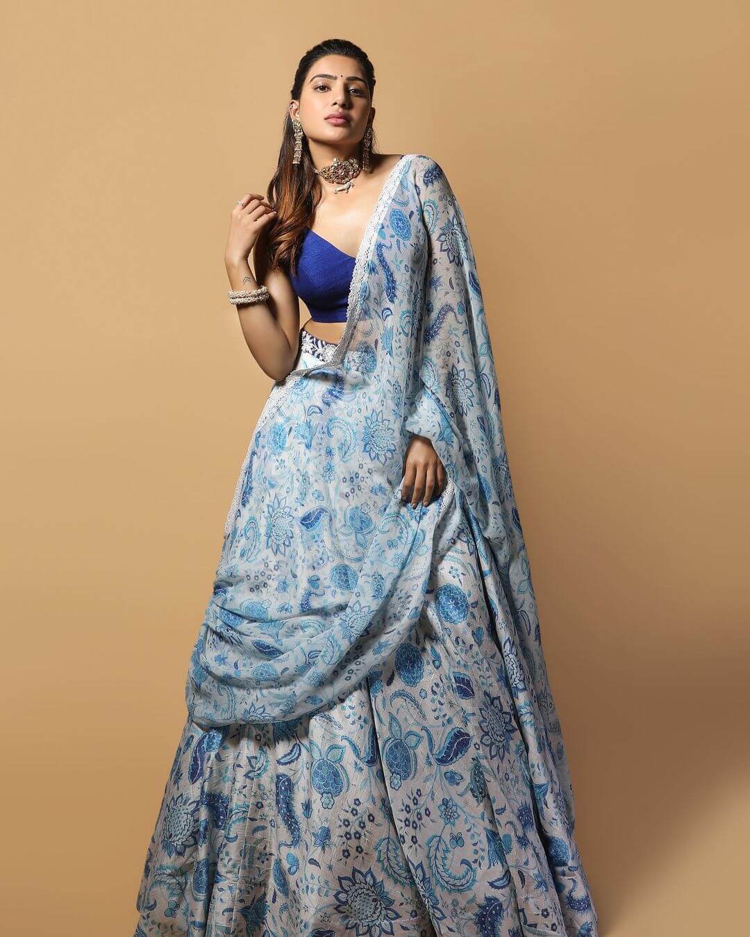 Samantha celebrate Diwali in light blue  floral lehenga