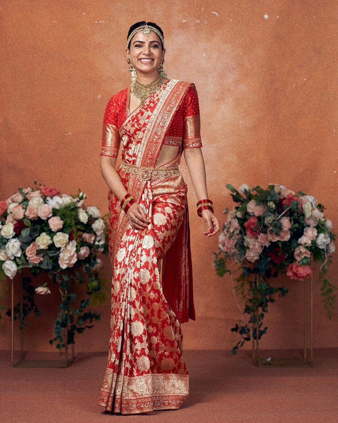 South Indian Actress Samantha in red and gold Banarasi sari perfect for wedding 