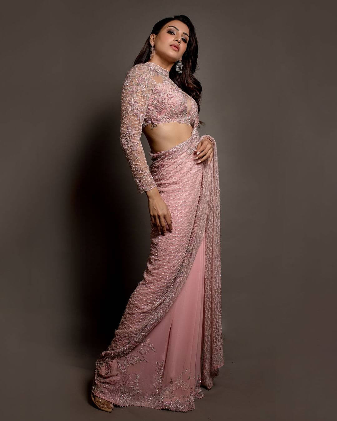 South Indian film industry actress Samantha in sheer pink saree and blouse