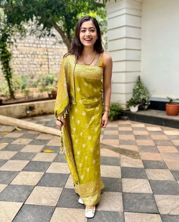 South star Rashmika Mandanna draped her in a gorgeous olive green sari in Coorgi style