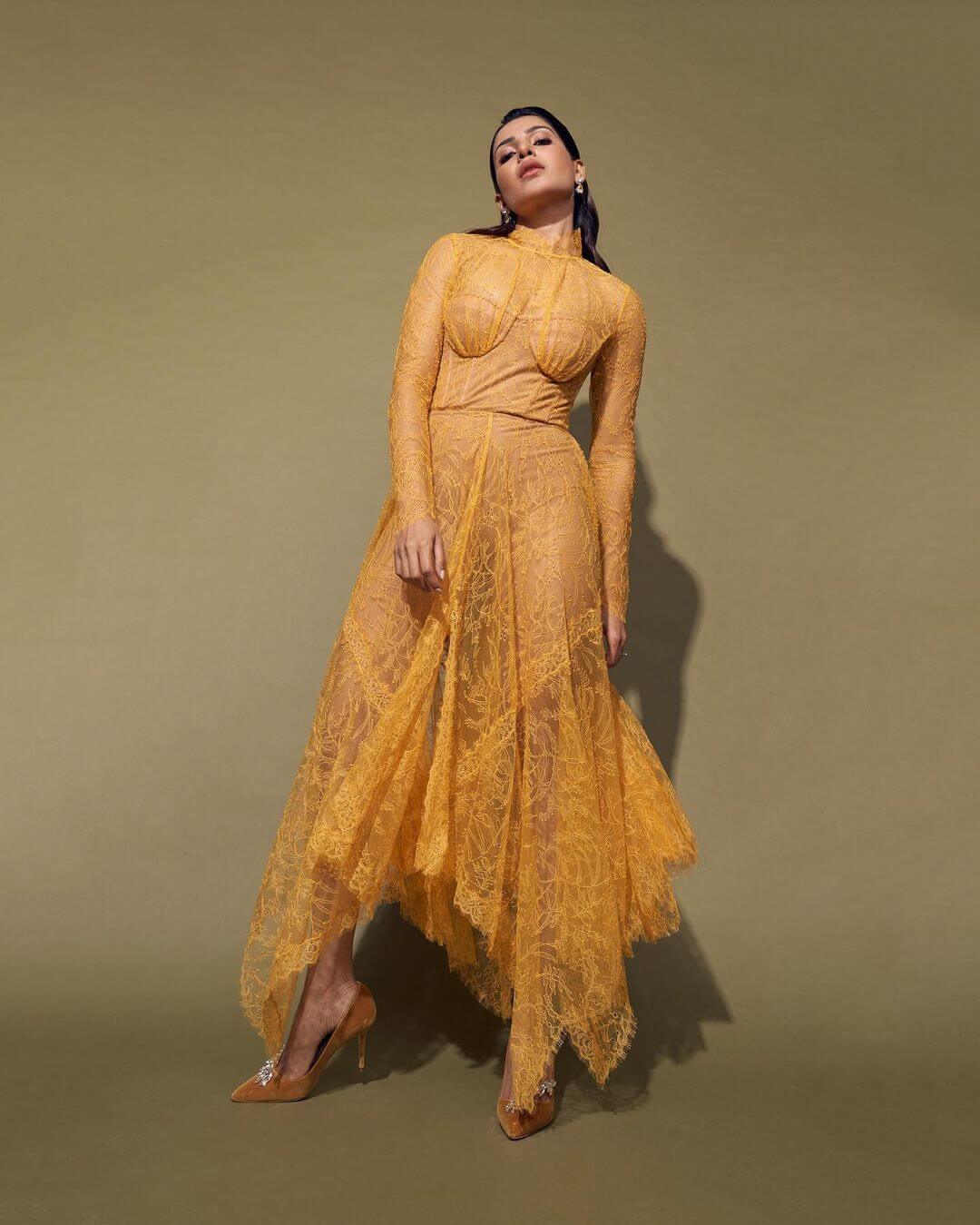 Southern sensation Samantha Ruth Prabhu  in a yellow see-through Jonathan Simkhai dress