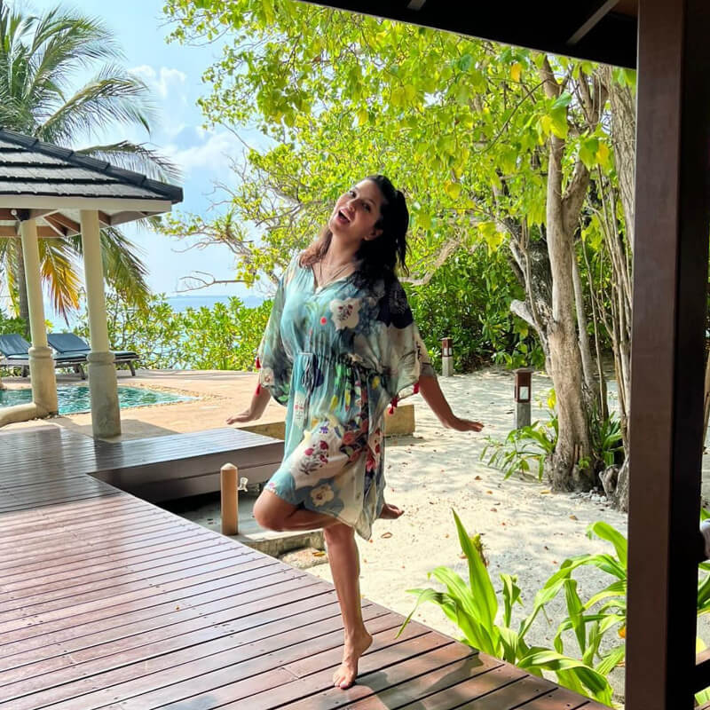 TV host and actress Sunny In  Mint Floral Beach Wear Kaftan For Summer