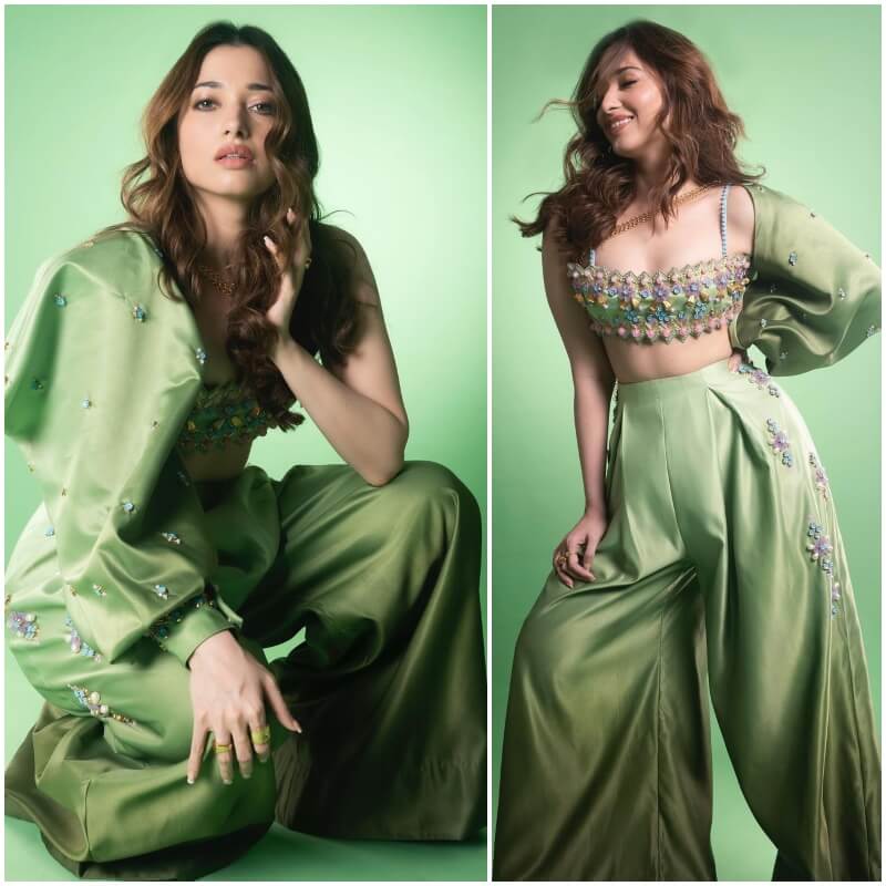 Telugu Actress Tamannaah Green Fusion Outfit  With An Embellished Blouse