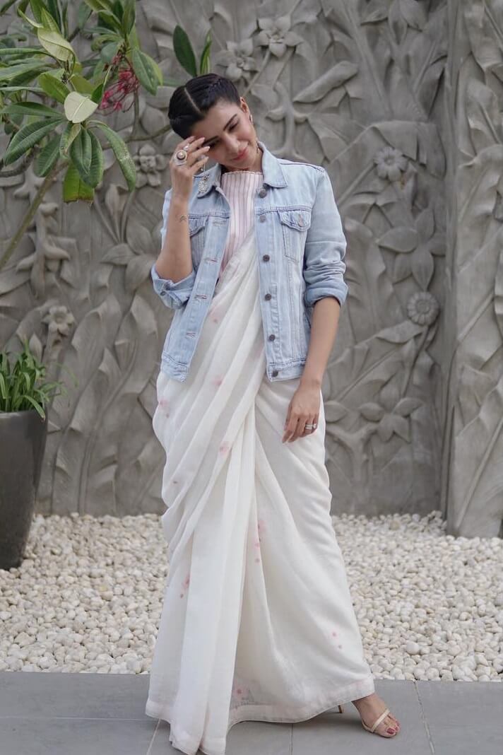 The Rangasthalam actress was seen wearing a denim shirt over a plain white saree