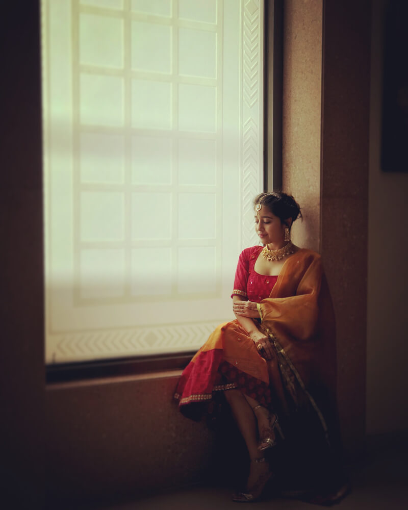 Actress Shweta Tripathi wore a quirky red & yellow mid-length lehenga for her mehndi