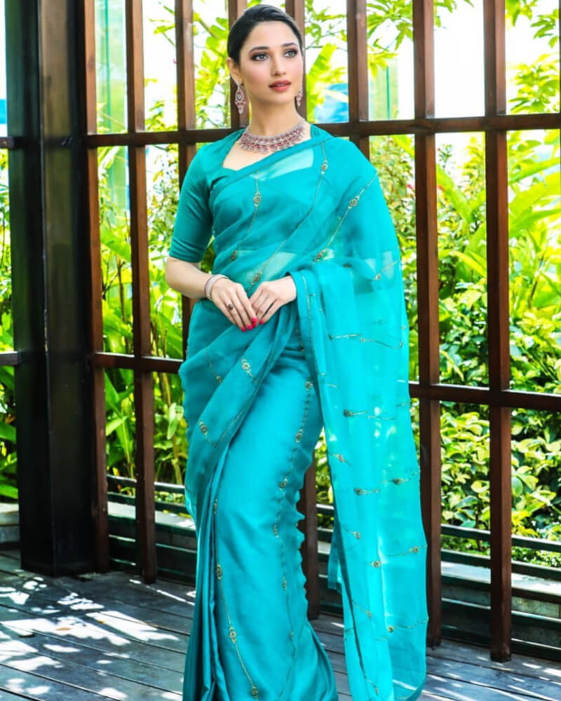 Actress Tamannah Bhatia wear aqua blue saree at Malabar Gold And Diamonds Store Opening In Bangalore